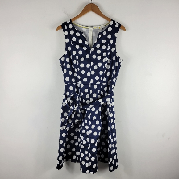 Boden Poplin Polka Dot Sleeveless Split Neck Belted Fit and Flare Midi Dress - Picture 3 of 14